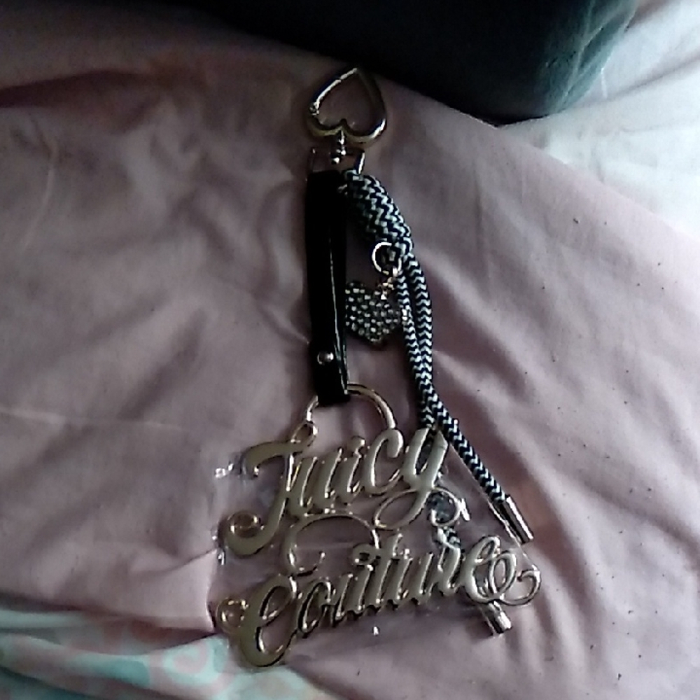 Juicy Couture Goldtone Script Keychain with Black Strap and Braided Accent